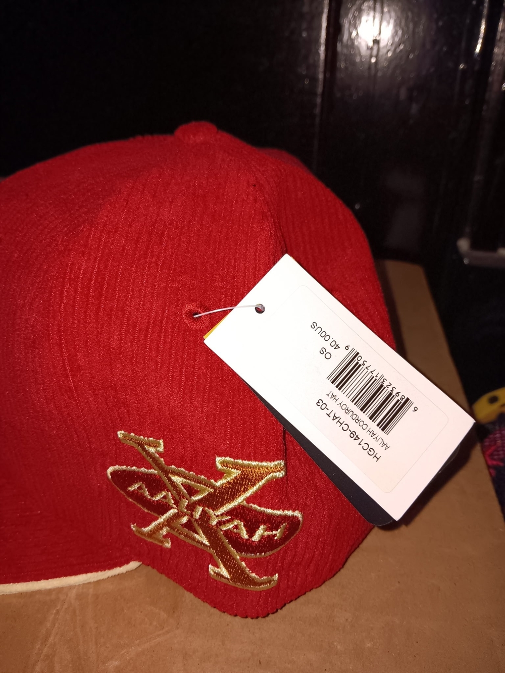Aaliyah Red and Gold Corduroy Snapback Hat - Picture 3 of 3